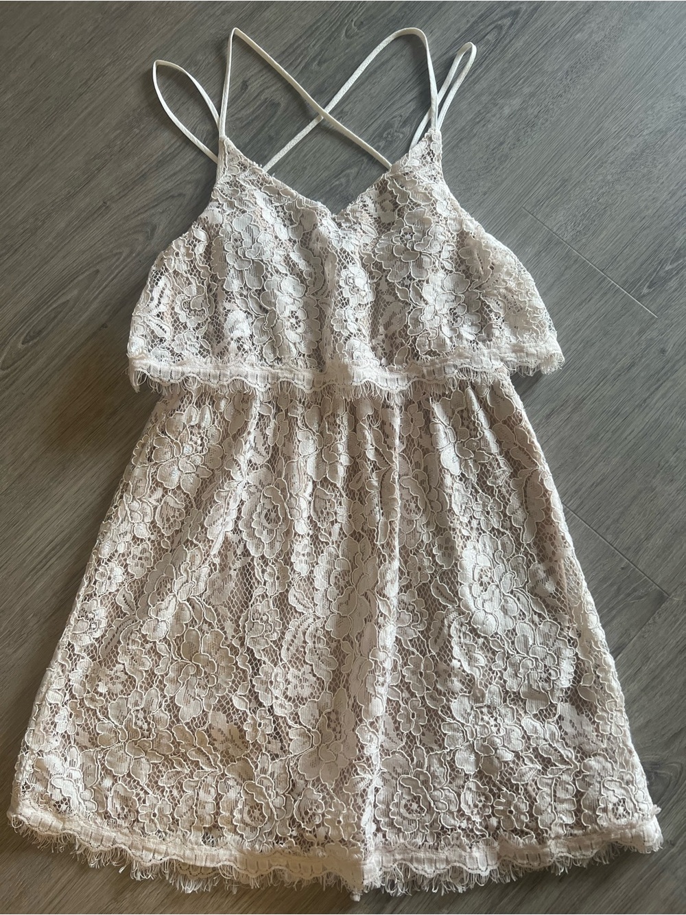 Sass Nude Floral Lace Popover Mini Dress Crisscross Back Straps Size 8